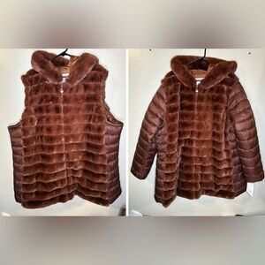 LAURIER & CO NEW Faux Fur Puffer Coat Convertible Vest Plus 3XL Brown Mob Wife